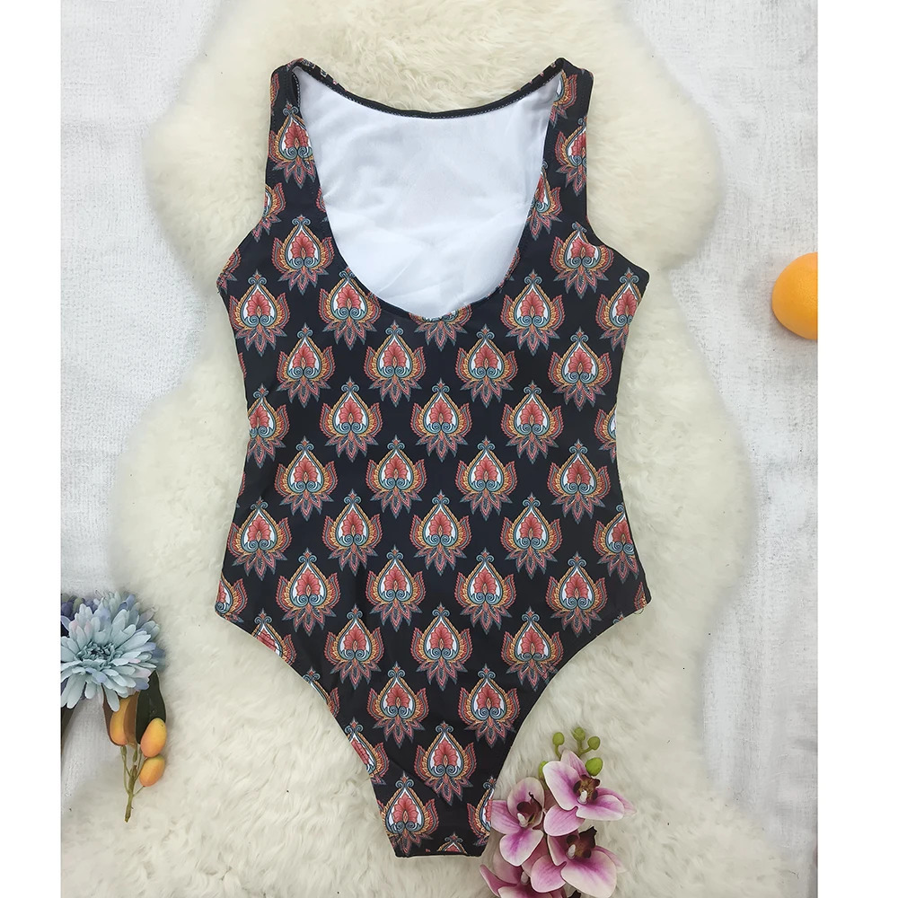 Printed One-piece Swimsuit Classic Printed Lace Up Swimsuit Womens Push Up Flower One-piece Suit Beach Wear For Female 250210