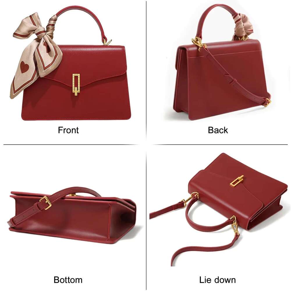 TOUTOU Cowhide Women Handbag Vintage Original Wedding Large Capacity Red Bridal Shoulder Crossbody Bag Christmas Gift