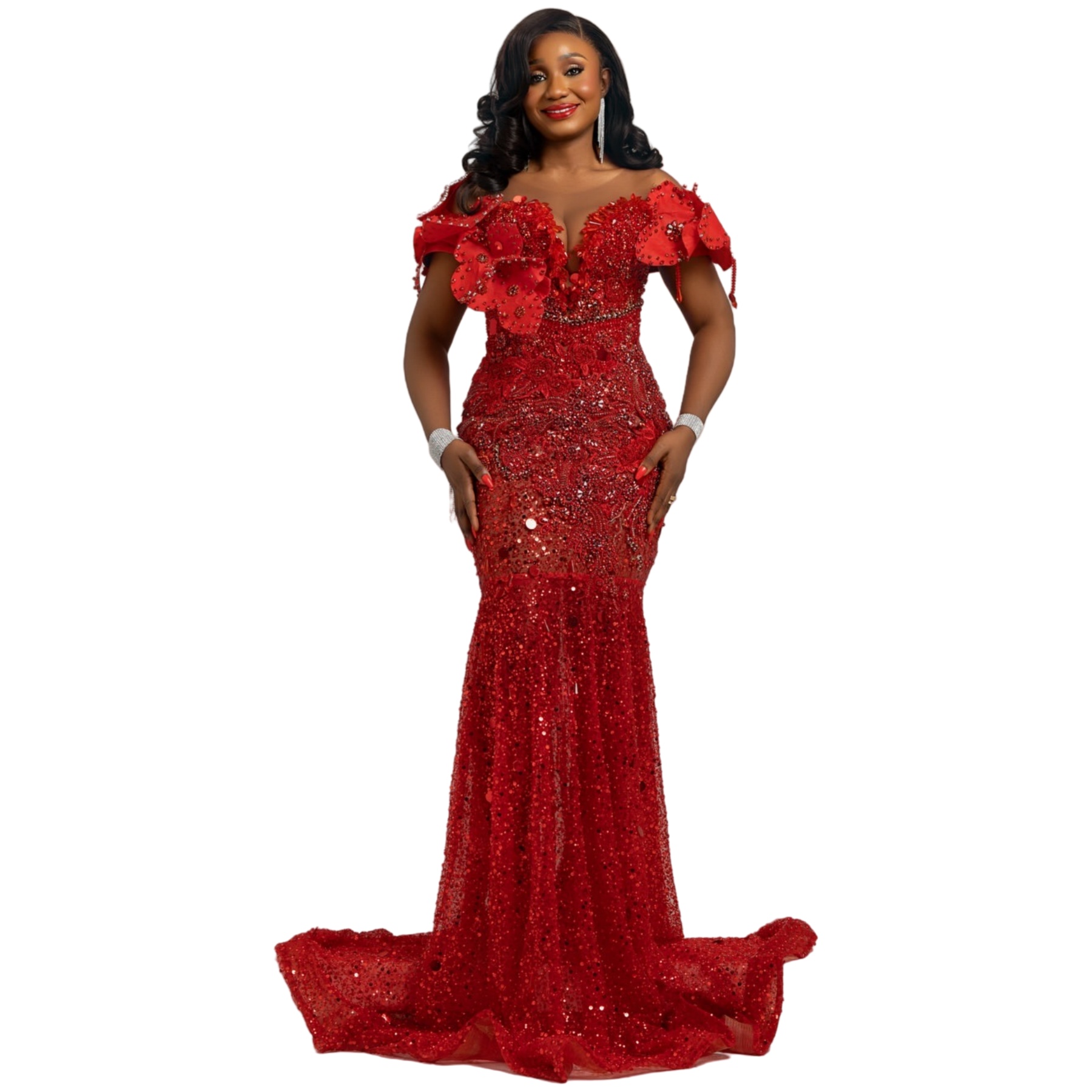 Aso Ebi 2025 Red Mermaid Prom Dresses Lace Crystals Flowers Sequined Evening Formal Party Second Reception Birthday Gowns Dress For Special Occasions
