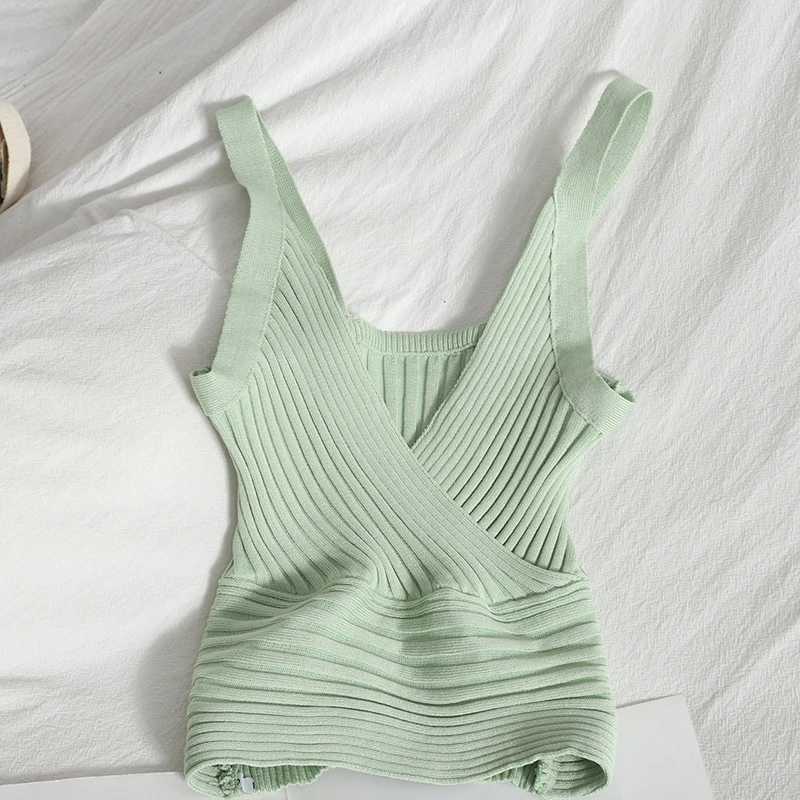Rib Knit Wrap Front Crop Top Women V-Neck Sveless Camis and Tanks Summer Sexy Club Party OutfitXJ250212