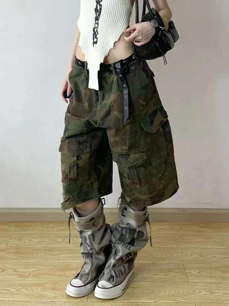 Women Short Jeans Green Camouflage American Vintage Y2K Straight Streetwear Wide Leg Pants High Waist Female Summer Denim Shorts 250212