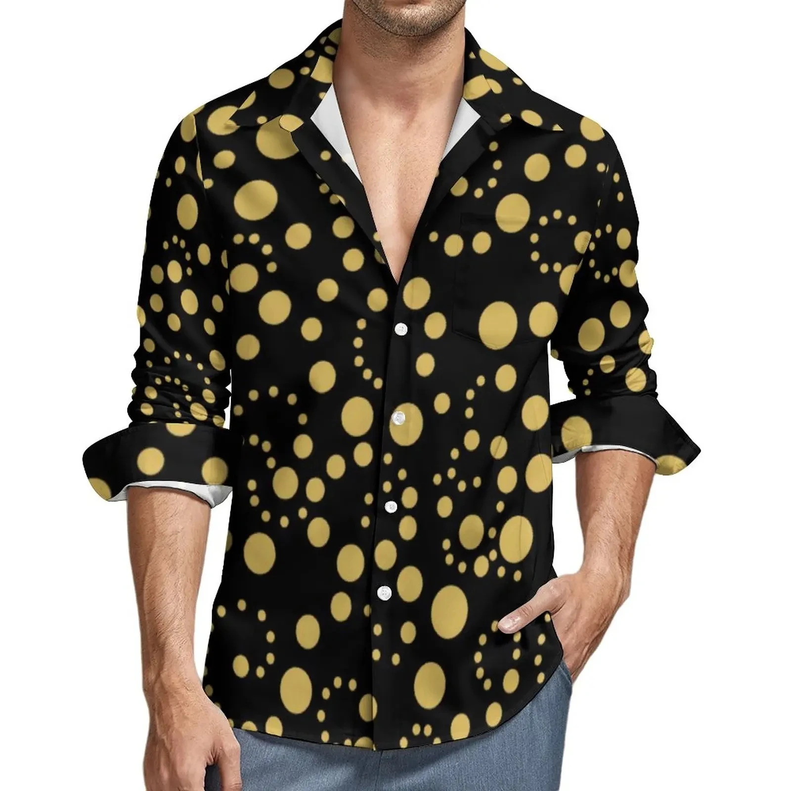 Yellow polka dot shirt autumn black dot printed casual shirt Harajuku shirt long sleeved printed clothing plus size 250211