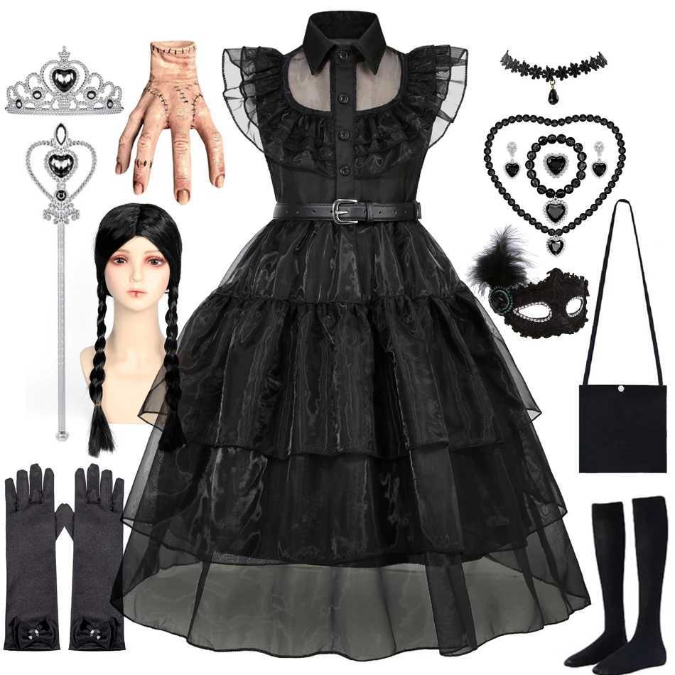 W-Wednesday Addams Costume Girl Kids Birthday Vestiddos Gothic Black Dress Halloween Princess Costume GirlXJ250117