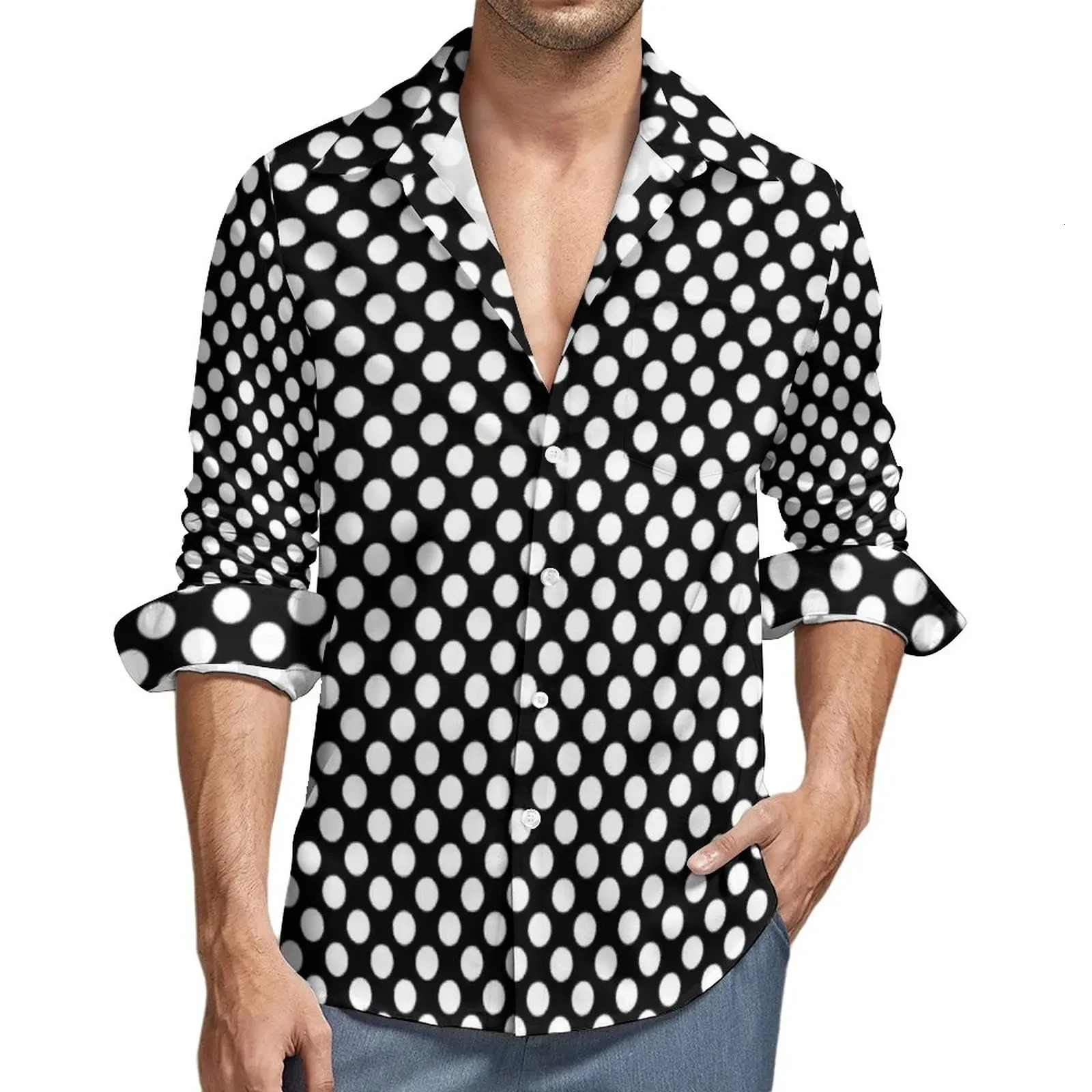 Yellow polka dot shirt autumn black dot printed casual shirt Harajuku shirt long sleeved printed clothing plus size 250211