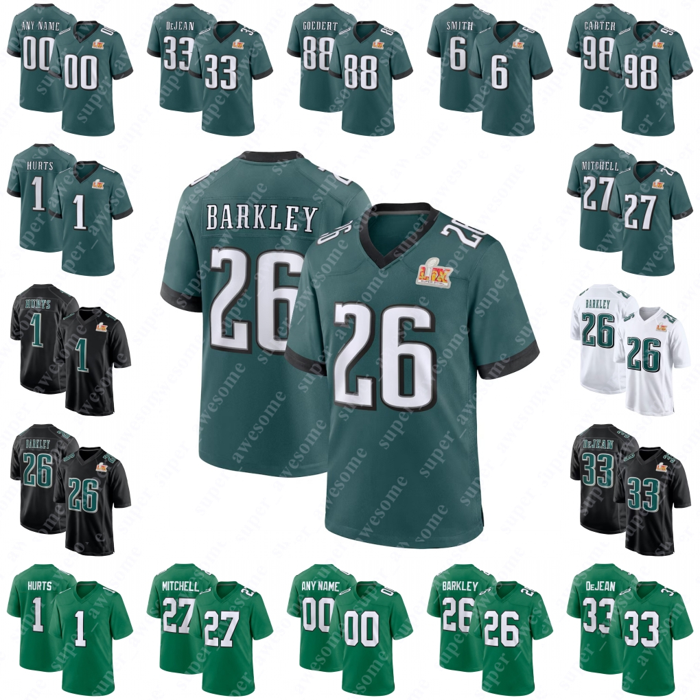 1 Jalen Hurts Football Jersey 26 Saquon Barkley DeVonta Smith Jason Kelce A. J. Brown Jalen Carter Goedert Davis Cooper DeJean Quinyon Mitchell McNABB CUNNINGHAM VICK