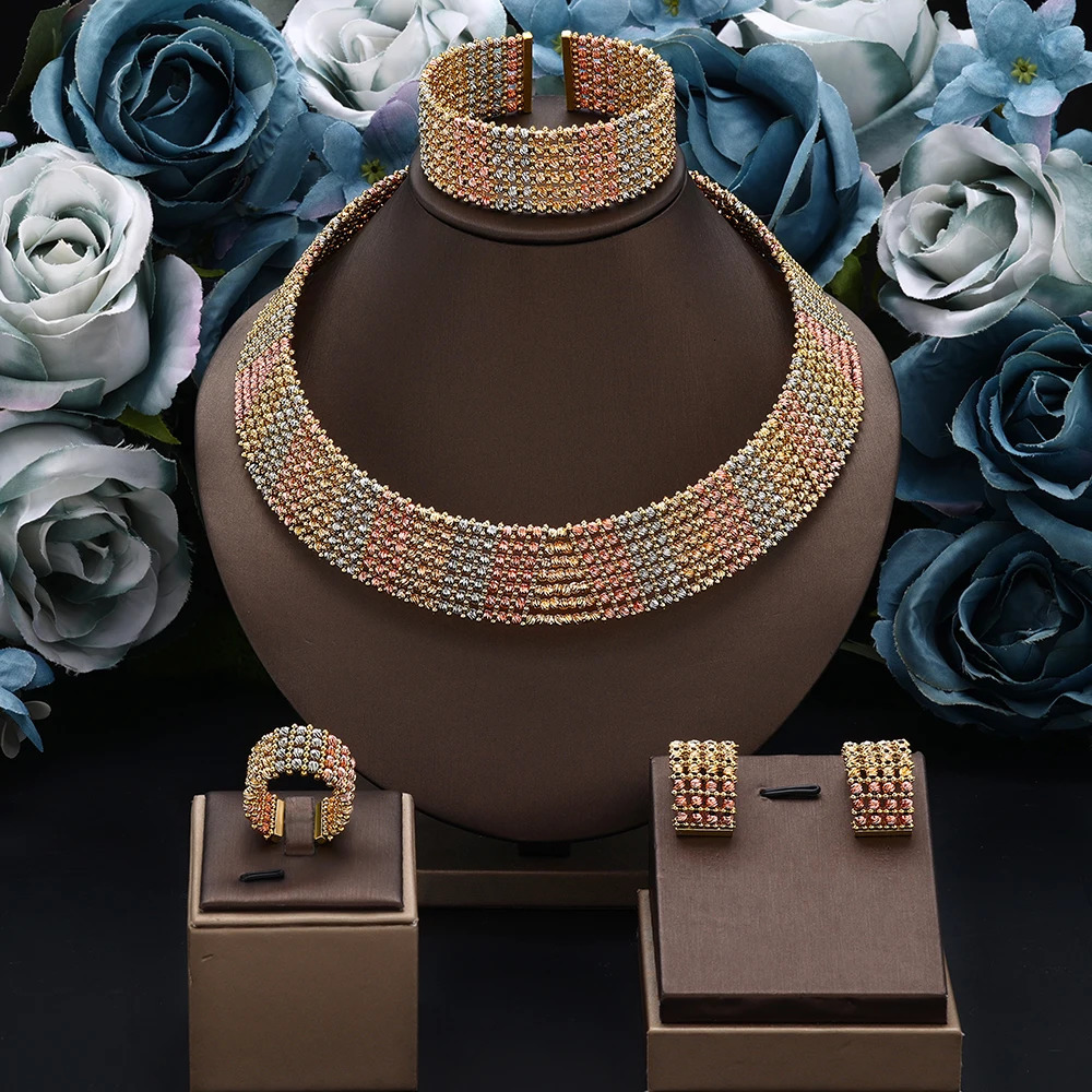 Dubai Wedding Bridal Full Jewelry Sets For Women Party Nigeria Gold Plated Beads Choker Necklace Jewelry Set 250211