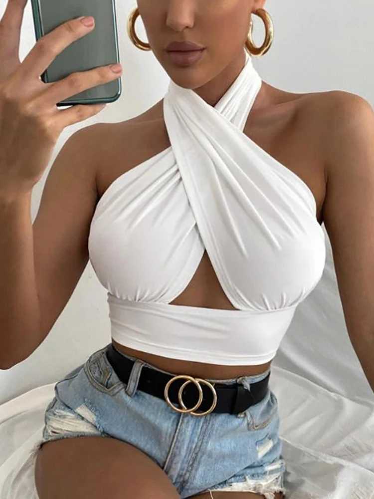 Women Summer Tank Tops Sexy Solid Color Cross Halter Neck Push Up Hollow Crop Tops High Street Wear 2024 New FashionXJ250212