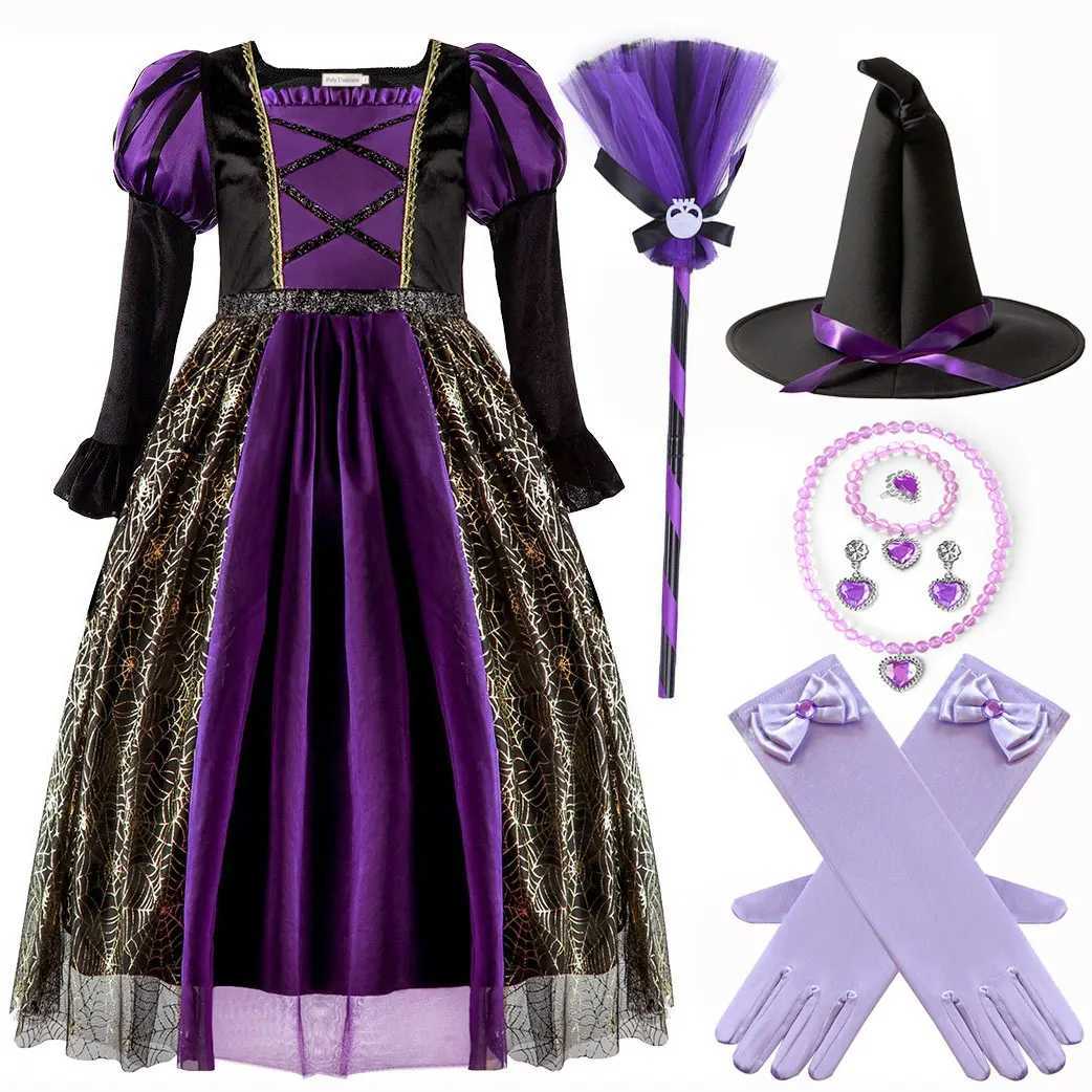 Halloween Carnival Par Dress for Girls Cosplay Witch Purple Puffy Long Sleeve Gold Spider Web Print Dress Accessories SuitXJ250117