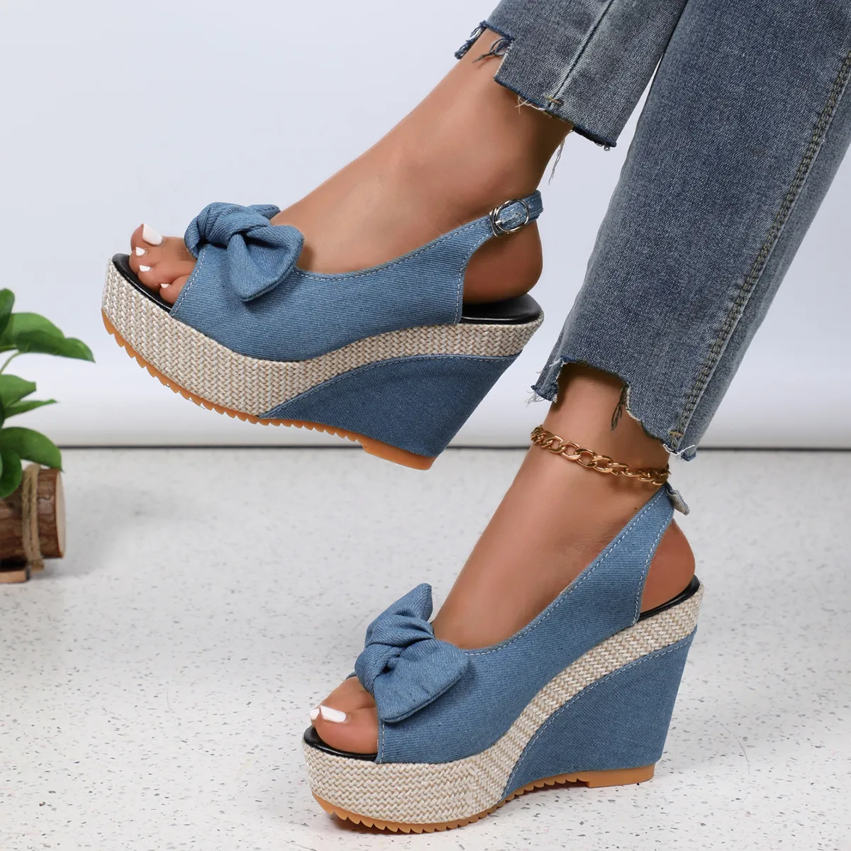 WomenAnkle Strap Peep Toe Platform Denim Wedge atos De Mujer Wedges Sandal Thick Sole Sandalias High Heel Sandals