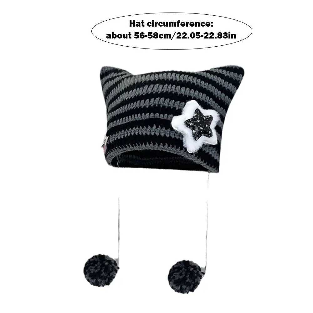 Ears Pointed Plover Y2K Cute Y2K Beanie Hat Striped Devil Ear Cat Star Devil Hat Autumn Winter X250212