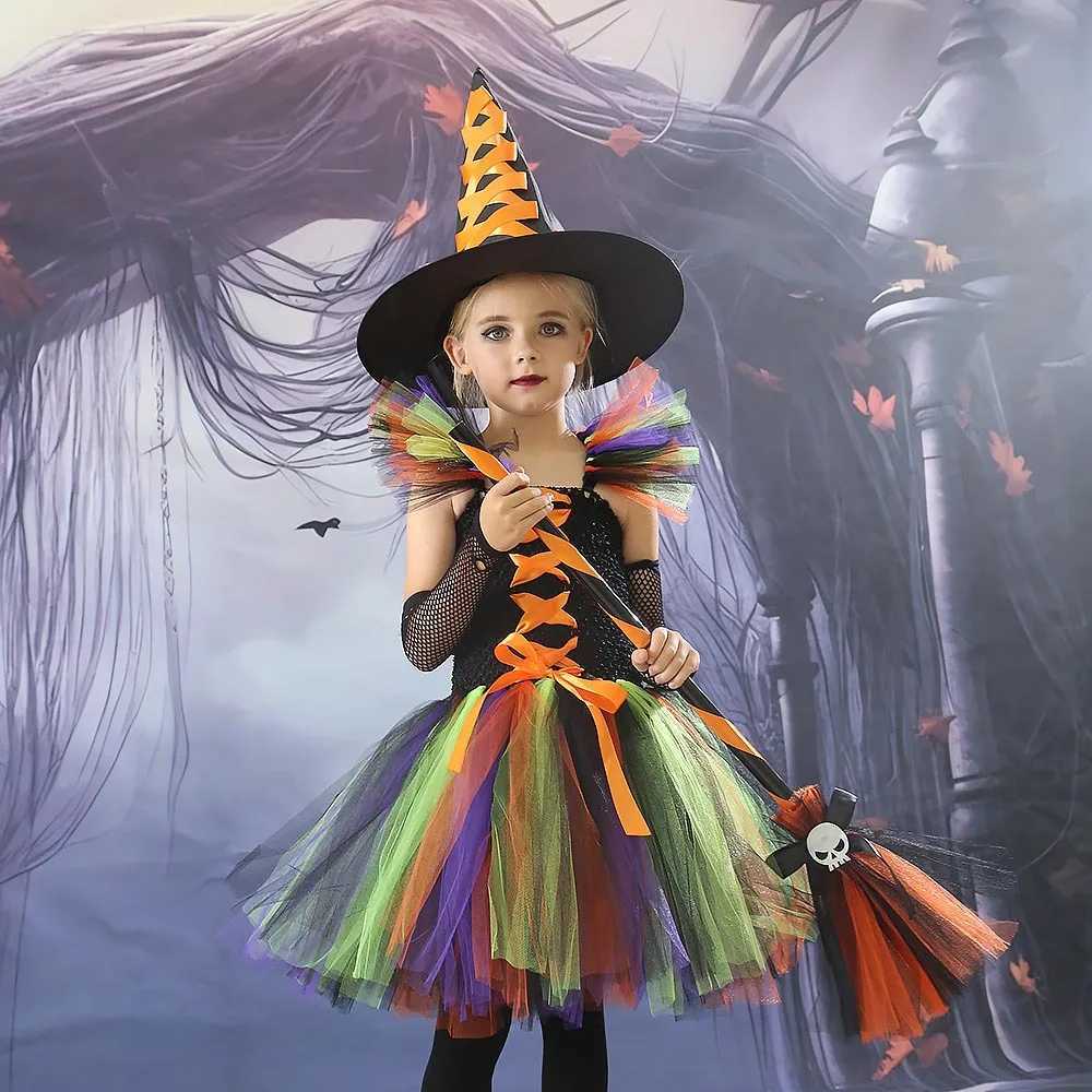 Purple Witch Costume Girls Mesh Trailing Dress Maleficent Deluxe Girls Fancy Halloween Par Kids Cosplay Clothes 2-12YrsXJ250117