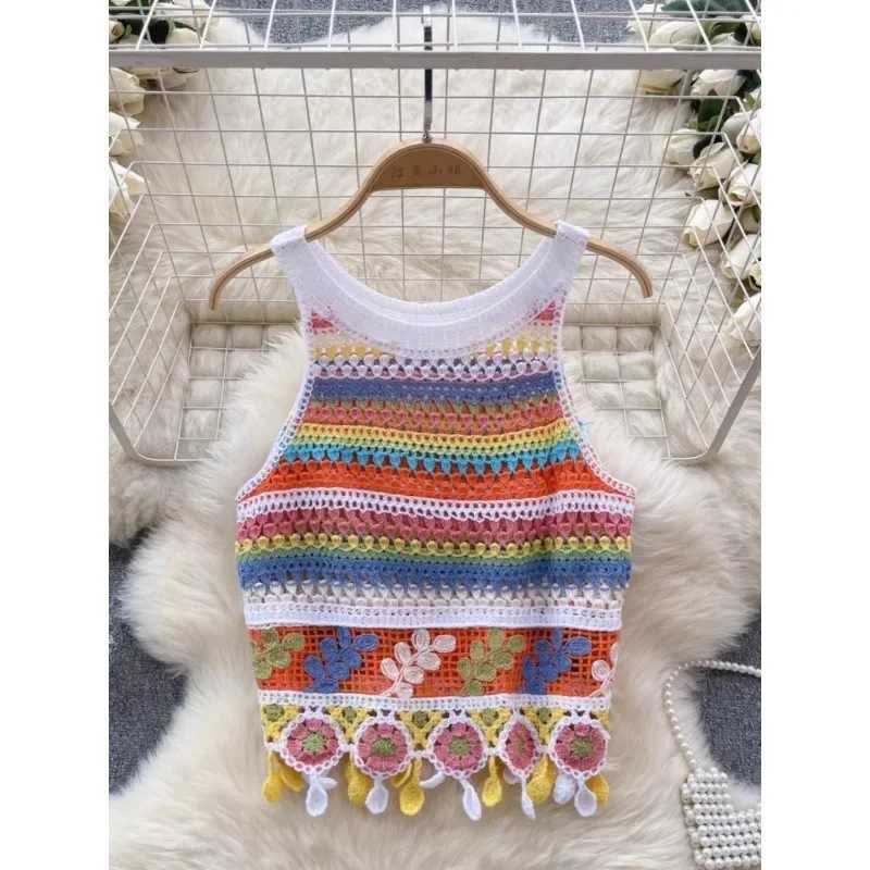 Bohemian Tank Tops Women Knitted Retro Crochet Design Colorful Short Vacation Strap Vest 2024 New Neck Hanging Outwear TanksXJ250212