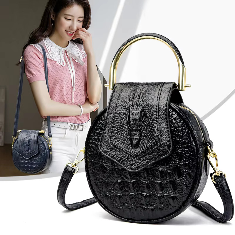 High Quality Brand Crocodile Pattern Circular Women's Soft Leather Fashion Small Handbag Shoulder Bag