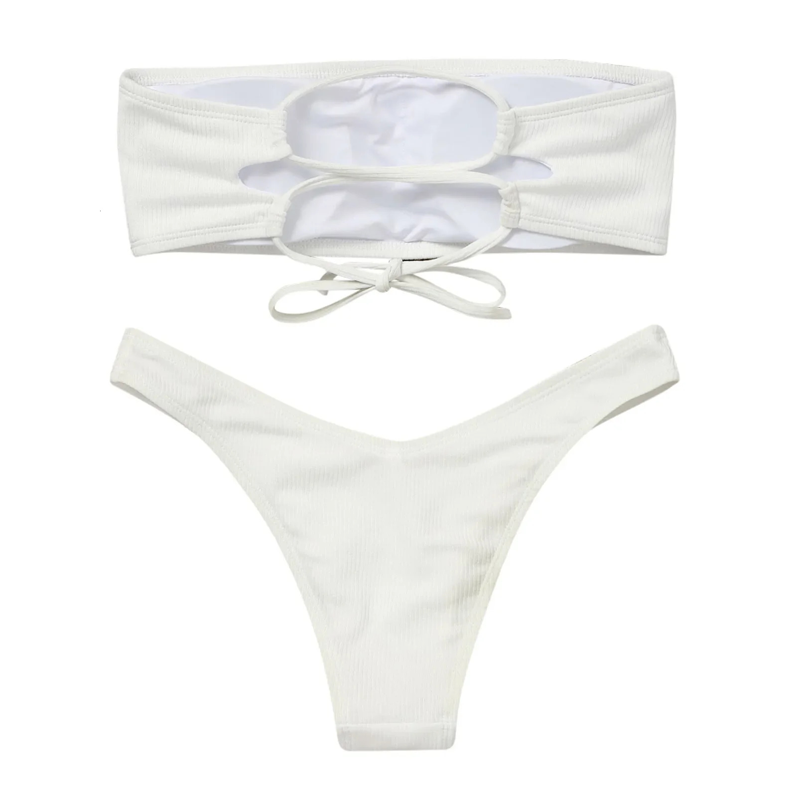 Sexy Bandeau Micro Bikini Set Women Swimwear Ribbed Solid Thong Biquini Swimsuit Strapless Beachwear Bathing Suit 2025 250211Z