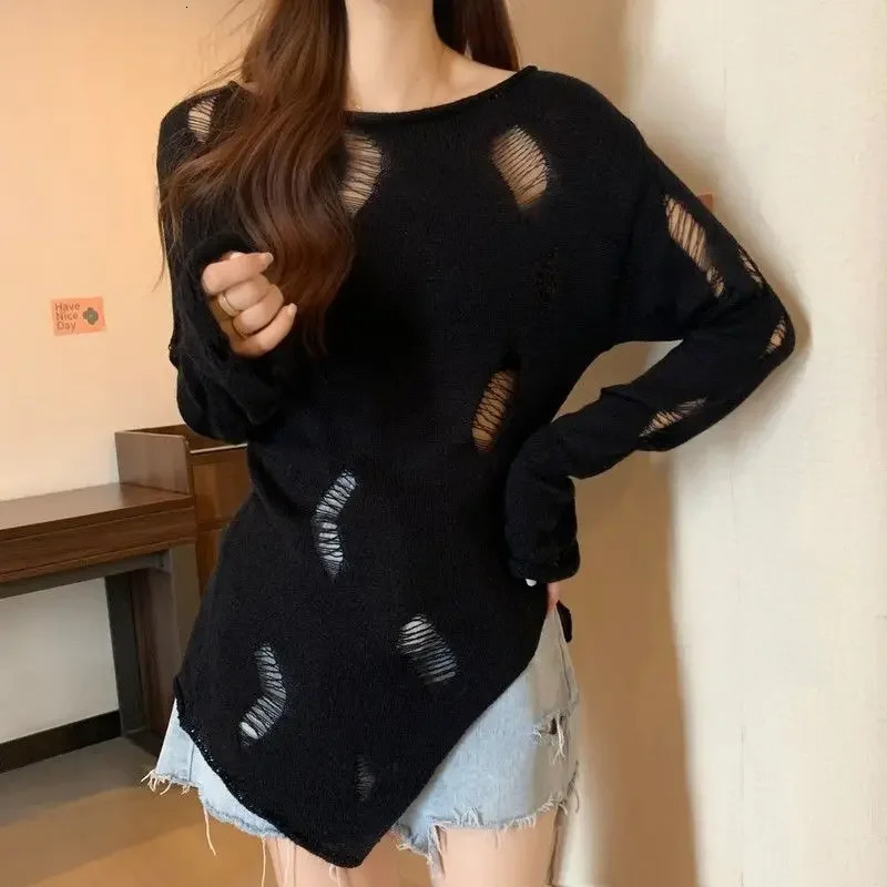 Slash Neck Hollow Out Knitted Sweater Women Loose Sweet Y2k Aesthetic Jumpers Japanese Casual Split Pullovers Trendy Tops Shirts 250210
