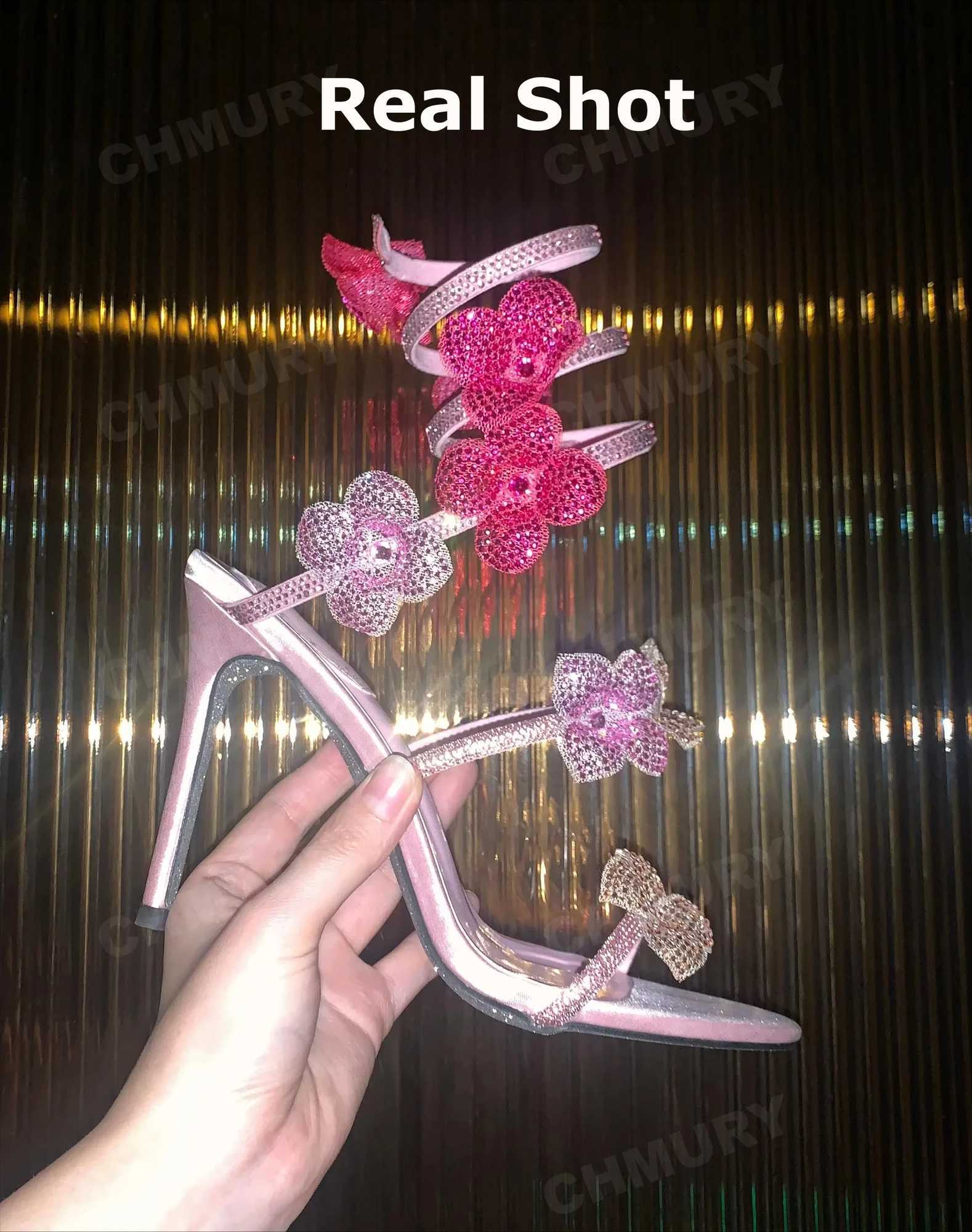 CHMURY Pink Flower Rhinestone High Heels Sandals Shoes Sexy Rose Red Designer with Wrap Strap for Women Prom Party 250506