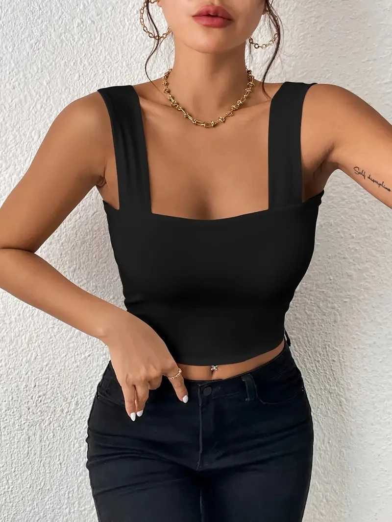 2024 Square Neck Sveless Summer Crop Top White Women Black Casual Basic T Shirt Off Shoulder Cami Sexy Backless Tank TopXJ250212