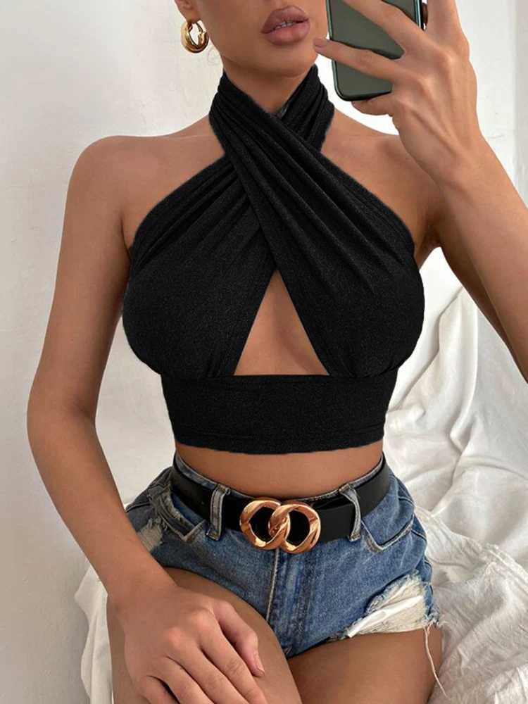 Women Summer Tank Tops Sexy Solid Color Cross Halter Neck Push Up Hollow Crop Tops High Street Wear 2024 New FashionXJ250212
