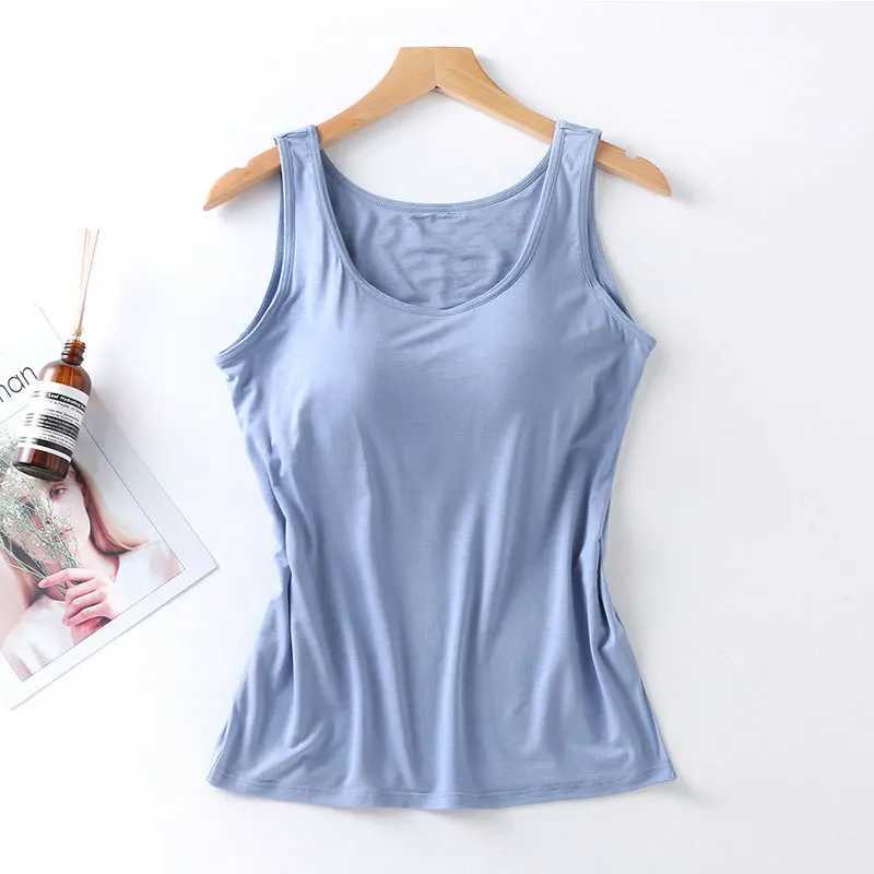 2023 Womens Vest Tops with Built In Bra Neck Vest Solid Color Padded Slim Fit Tank Tops Sexy Shirts Feminino Casual Tank TopsXJ250212