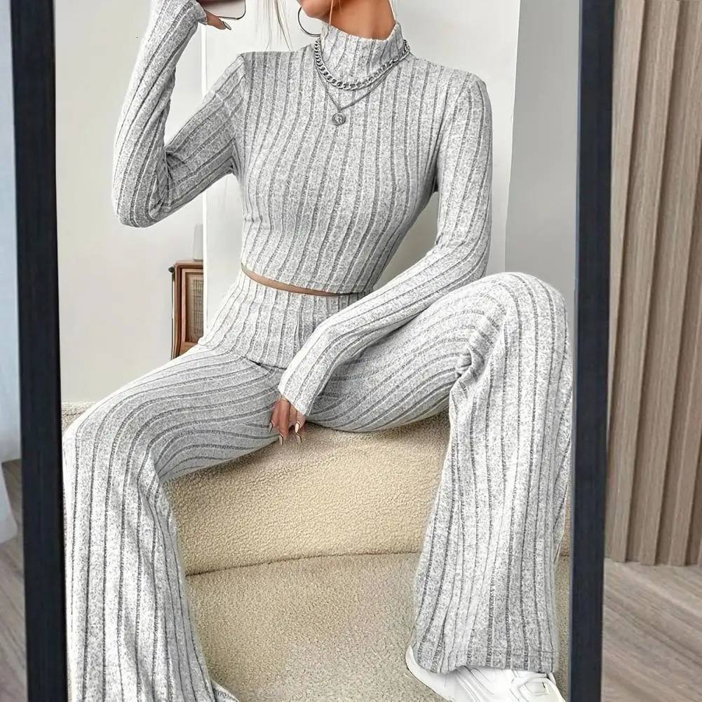 Casual Twopiece Suit Women Knitted Cropped Sweater Wide Leg Pants Set Stand Collar Navel Tshirt And Trumpet 250211Z