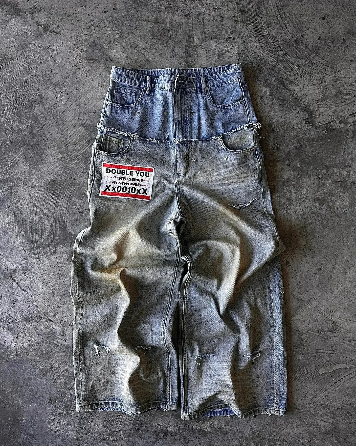 Loose Ripped Men Jeans Y2k Splic Double Waist Jeans Punk Harajuku Wide Leg Pants Street Hip Pop Jean Straight knit Denim Pants 250211