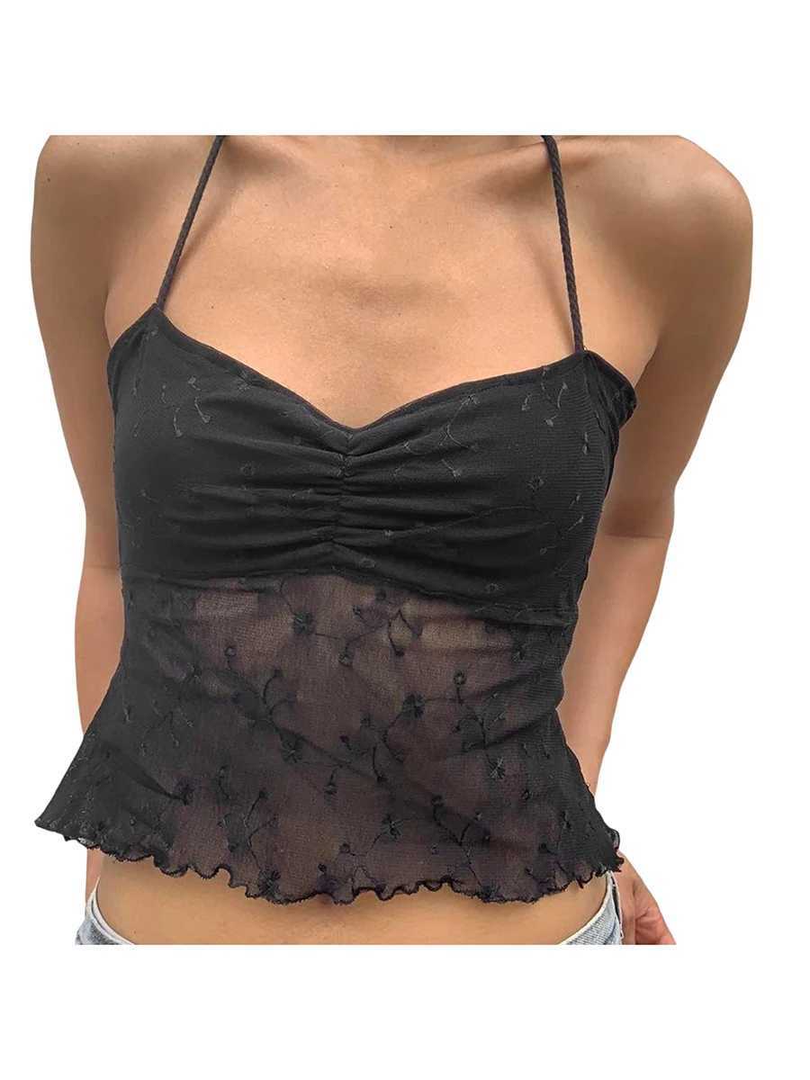 Y2K Women Halter Crop Top Sexy See-Through Lace Floral Patchwork Backless Top Summer Cami Tank Tops for Teen GirlsXJ250212