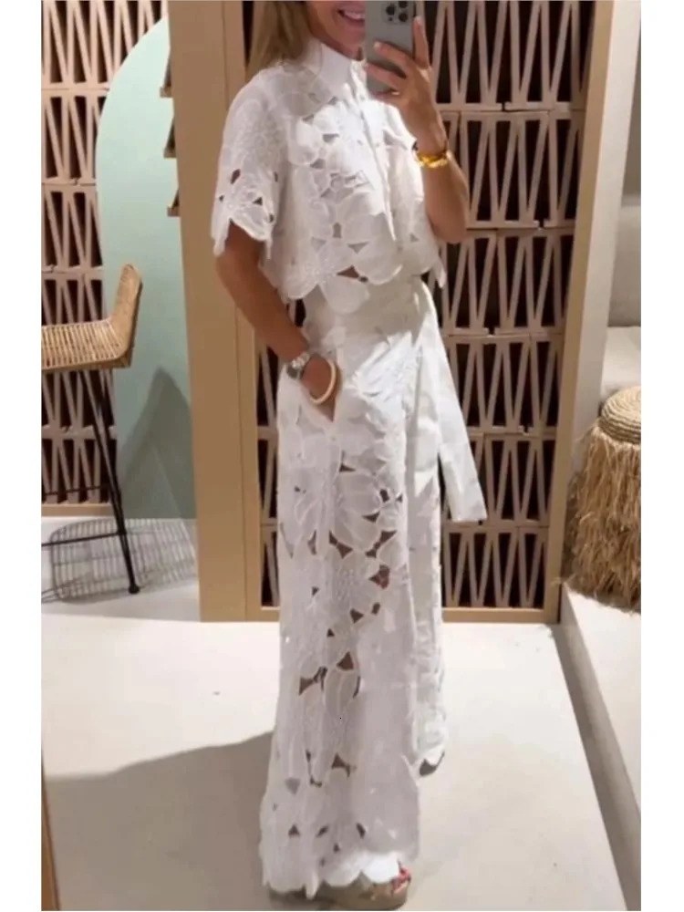 Sexy Lapel Single-breasted Shirt Top Wide-leg Pants 2-piece Set Women Fashion Solid Color Elegant Casual Hollow Suit Female 250206
