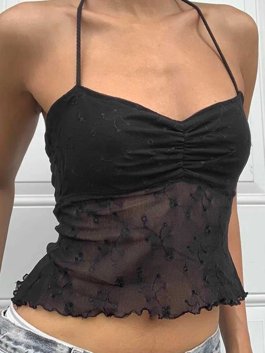 Y2K Women Halter Crop Top Sexy See-Through Lace Floral Patchwork Backless Top Summer Cami Tank Tops for Teen GirlsXJ250212