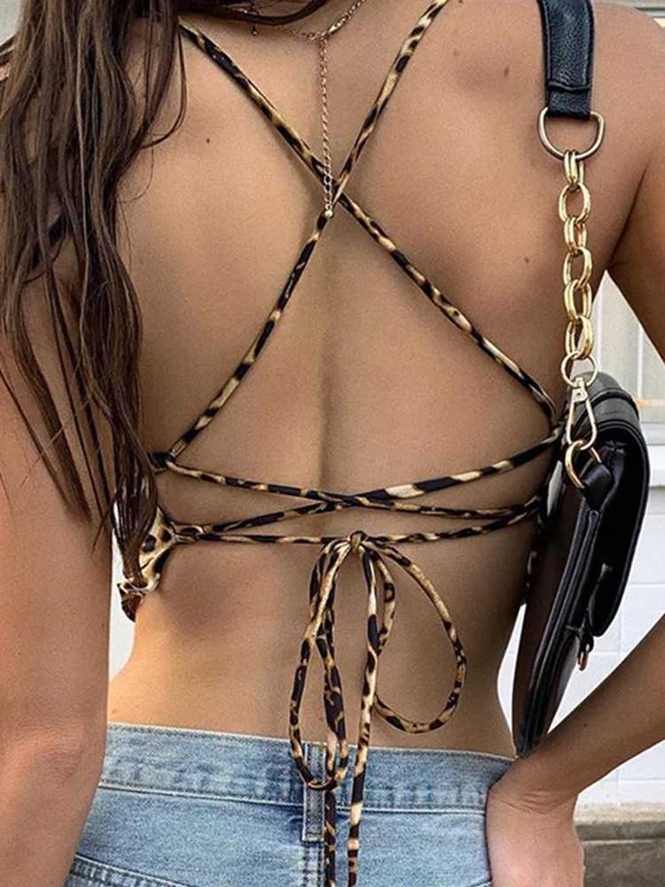 Leopard Pattern Women Tank Tops Backless Sexy Rave Outfits Sveless Cross Lace Up Bralette Crop Top Summer StreetwearXJ250212