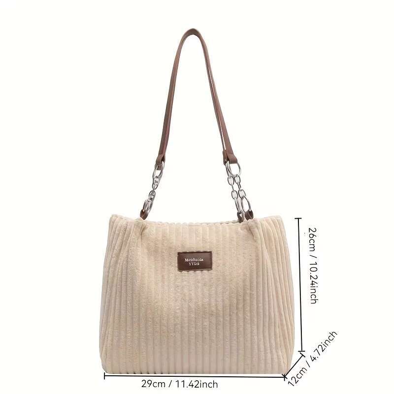 Women's Bags Women Corduroy Bag, Solid Color Handbag, Fixed Shoulder Strap, Large Capacity Simple Multifunctional Design Casual