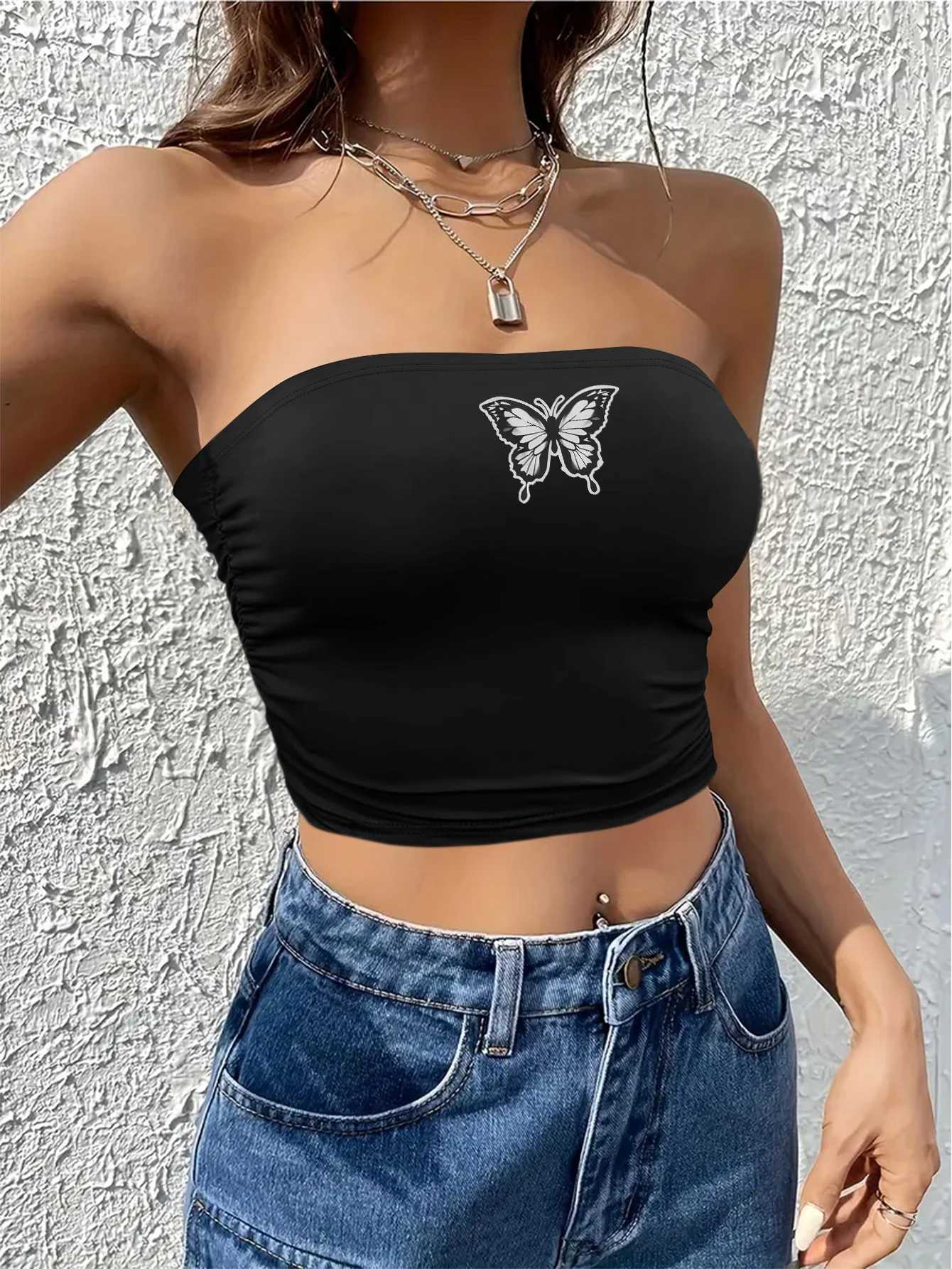 Printcess WomenS Tank Top 2024 New Sexy Undershirt Sweet And Spicy Girl Vintage Butterfly Print WomenS Strapless TopXJ250212