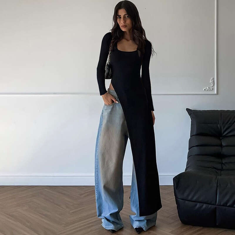 Hot selg women's autumn product fashion personality U-neck slim fit slit long sleeved dress wholesale 2025 new style temperament chic elegant clo