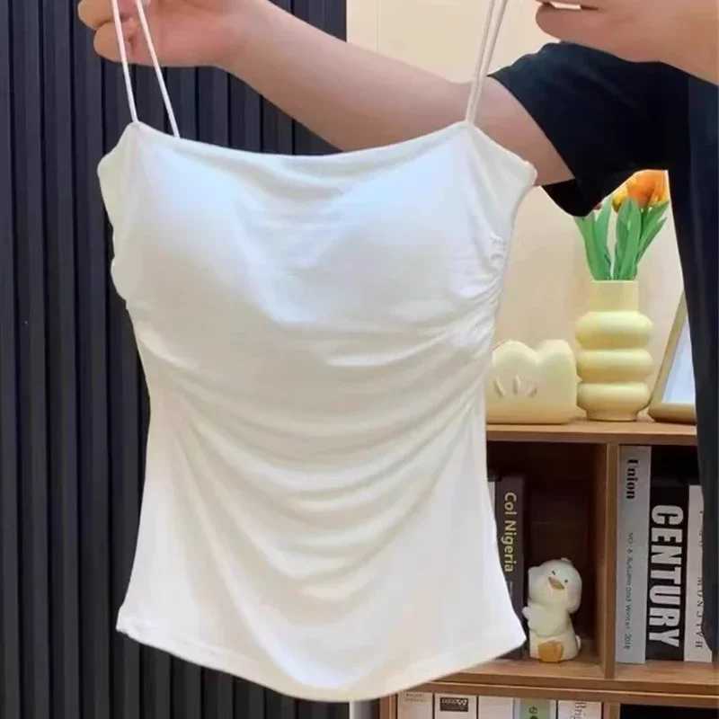 Summer Womens White Top Sveless Thin Straps Camisole Solid Color Tank Top with Cups Summer Ice Silk Comfortable SlingXJ250212