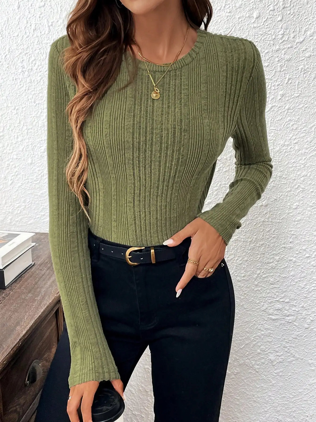 Green Ribbed Ladys Casual Daily Wear Long Sleeve Basic Top TShirt 250114Z