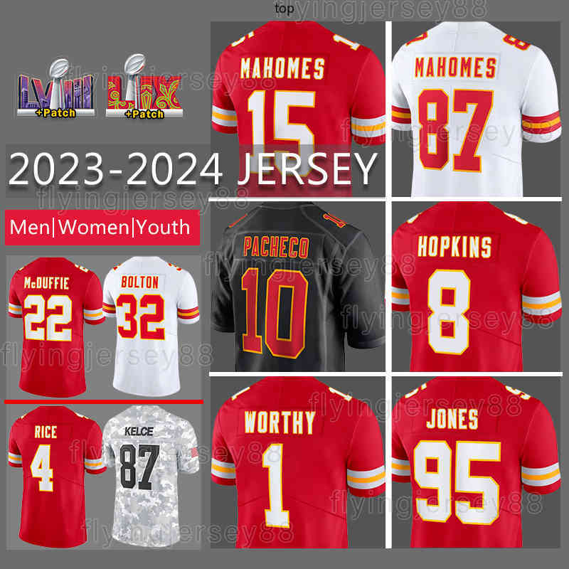 Patrick Mahomes Football Jersey Travis Kelce Isiah Pacheco 8 DeAndre Hopkins 1 Xavier Worthy Trent McDuffie George Karlaftis Derrick Thomas Rashee Rice Nick Bolton