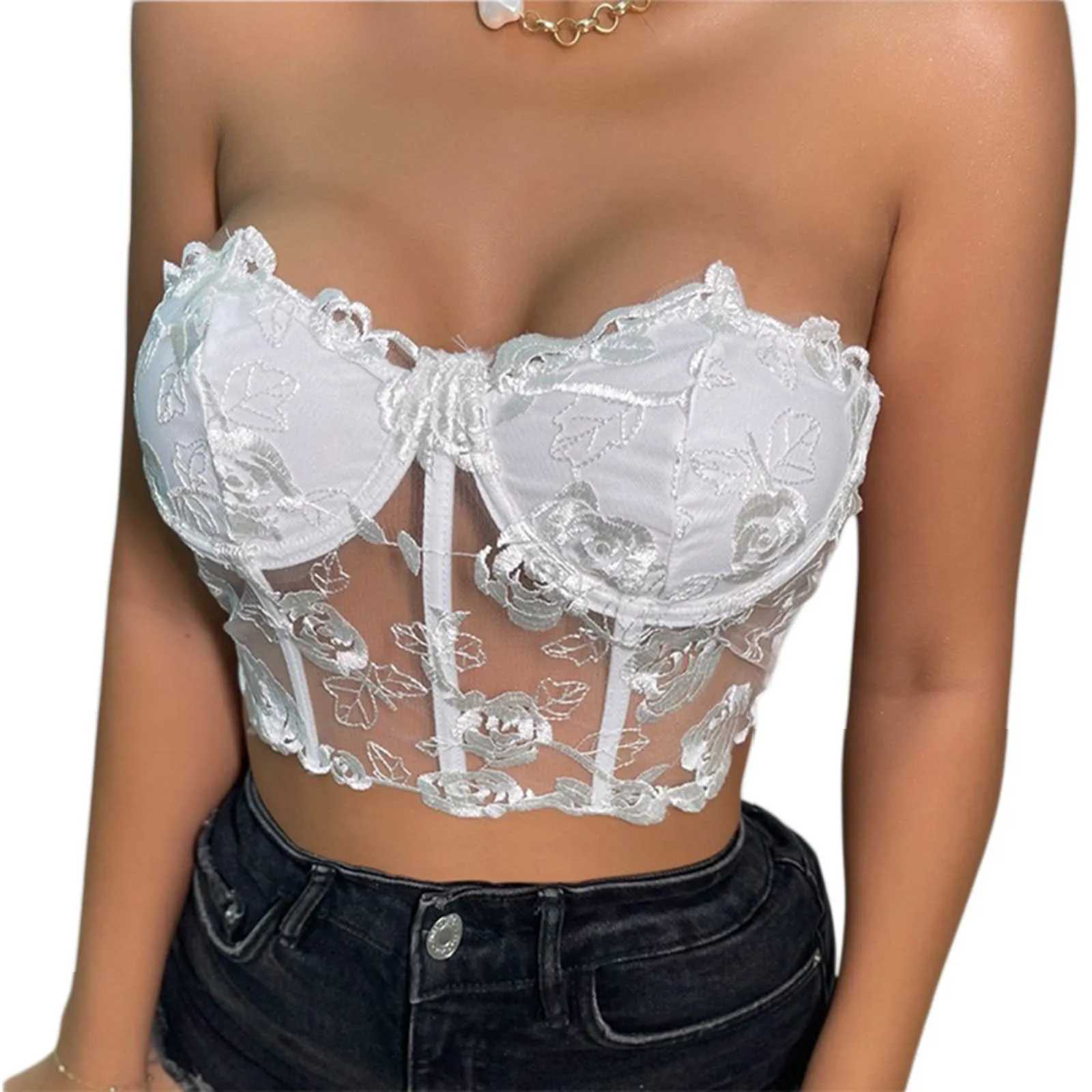 Newest Arrival Women Bustier Tube Tops Embroidery Flower See Through Off Shoulder Tank Tops for Daily Club PartyXJ250212