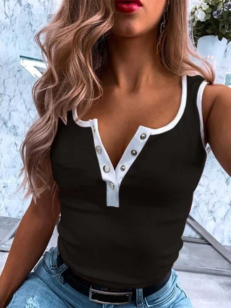 Vintage Vest Women Button Solid Color Patchwork Sveless Tops Summer Casual Slim T-ShirtXJ250212