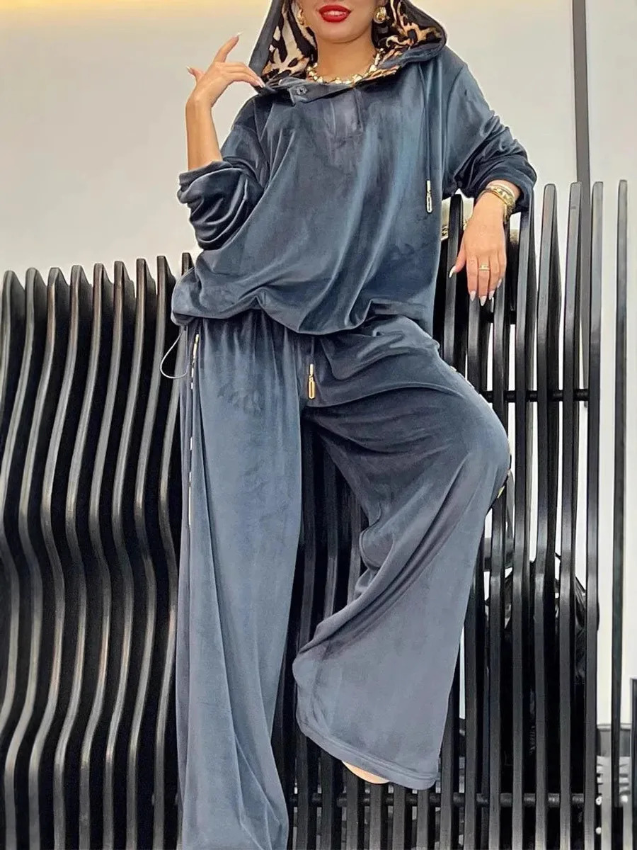 Women Autumn Winter Trouser Set Pants Set Solid Color Hooded Wide-leg Pants High Waist Casual Warm Fashion Comfortable Regular 250207