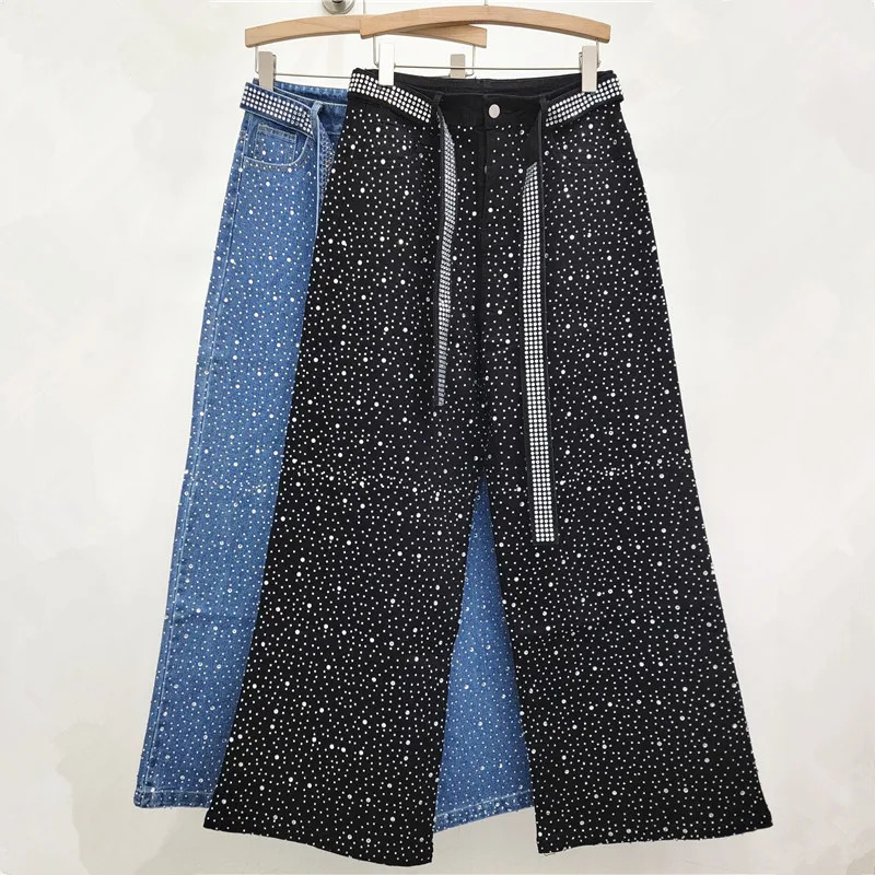 YUERWANG Women Jeans 2025 Spring Vintage Rhinestone Belt Wide Leg Jeans Fashionable All Match Loose Casual Long Denim Pants 250212