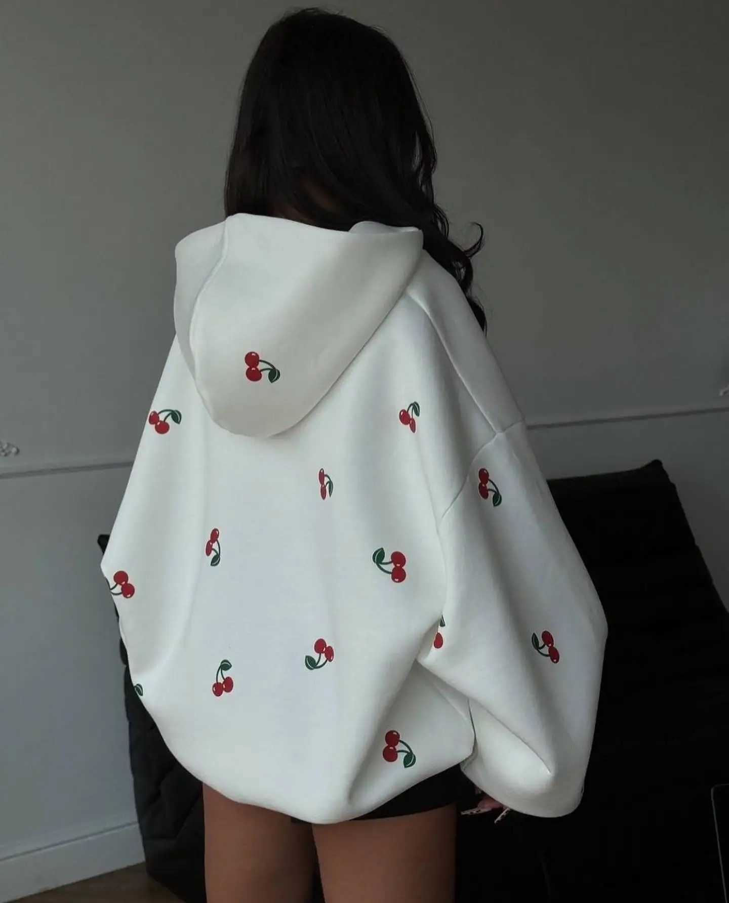 Korean Fresh Style Fashion Cherry Pattern White Zip Up Hoodie Y2k Harajuku Versatile Sweatshirt for Womens New Autumn Clothing X250212