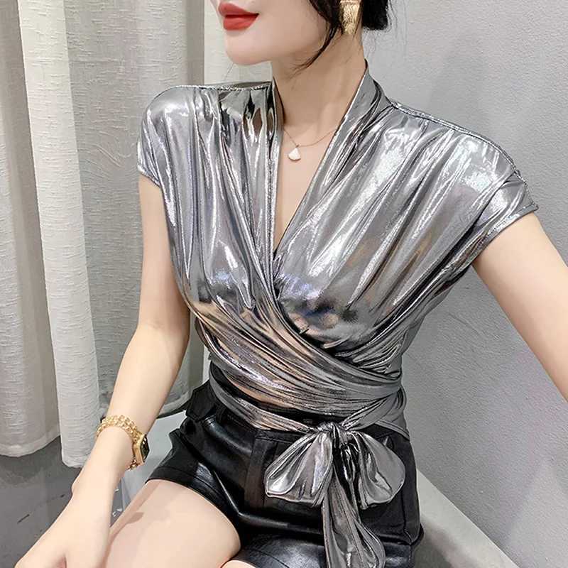Street wear Gold Silver Green Shinny Short Sve Blouse Women Sexy Irregular Short Wrap Shirt Fe Bandage Summer TopsXJ250212