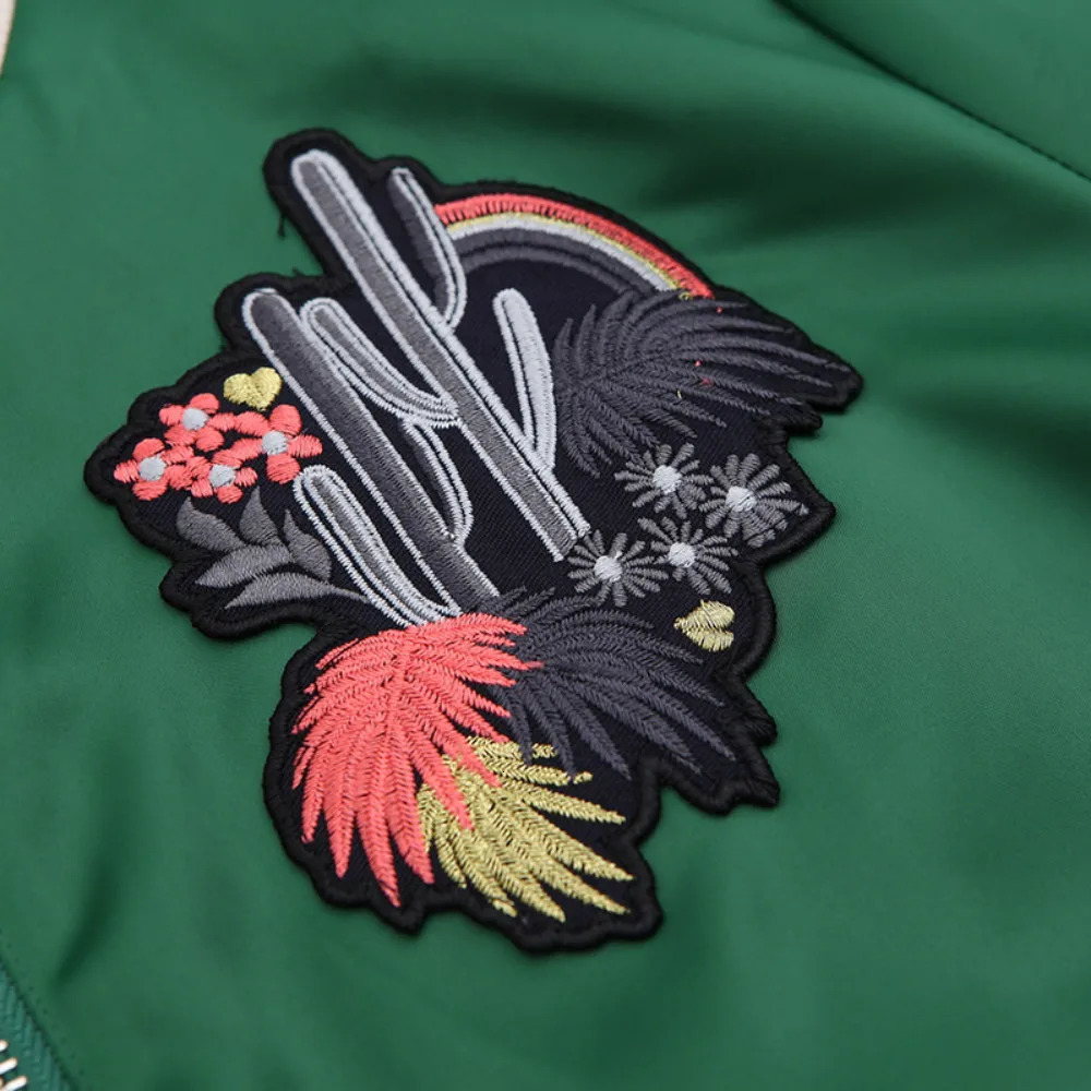 Chic women Bomber Flowers embroidery baseball jacket loose Satin short coat High waist Zipper striped Jacket Outwear Cardigan 250212