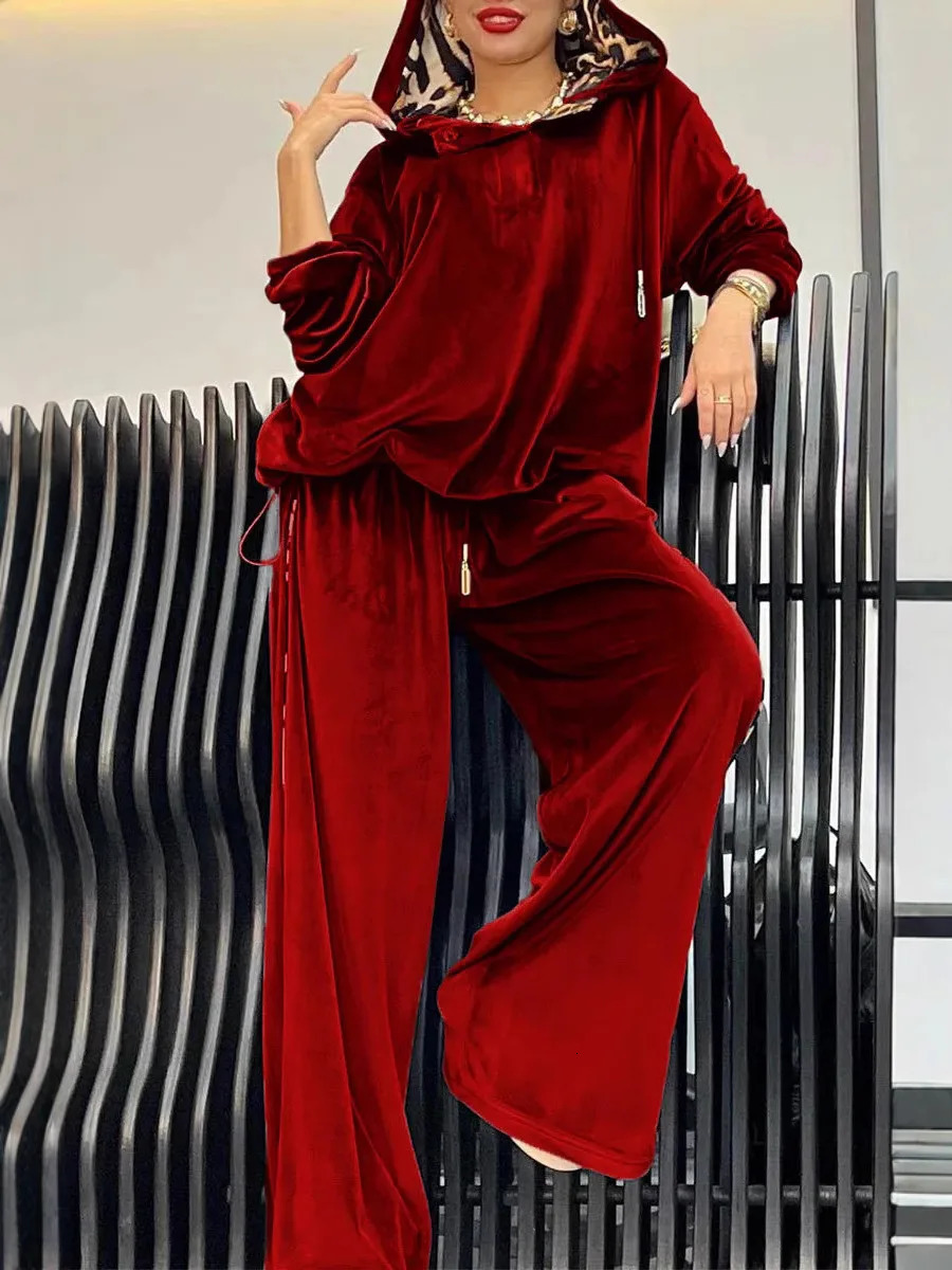 Women Autumn Winter Trouser Set Pants Set Solid Color Hooded Wide-leg Pants High Waist Casual Warm Fashion Comfortable Regular 250207