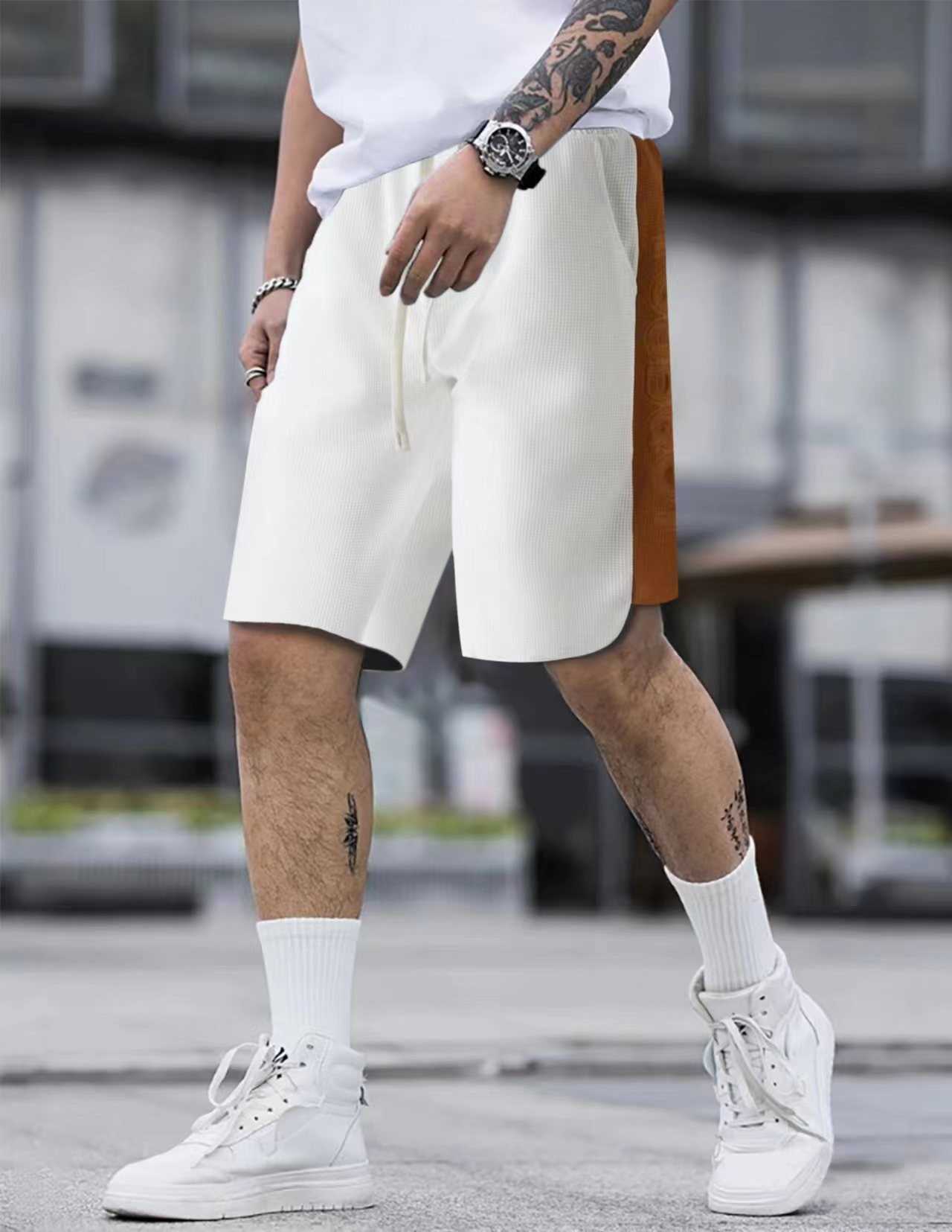 2024 new mens color blocked waffle shorts loose summer outdoor casual pants W250212