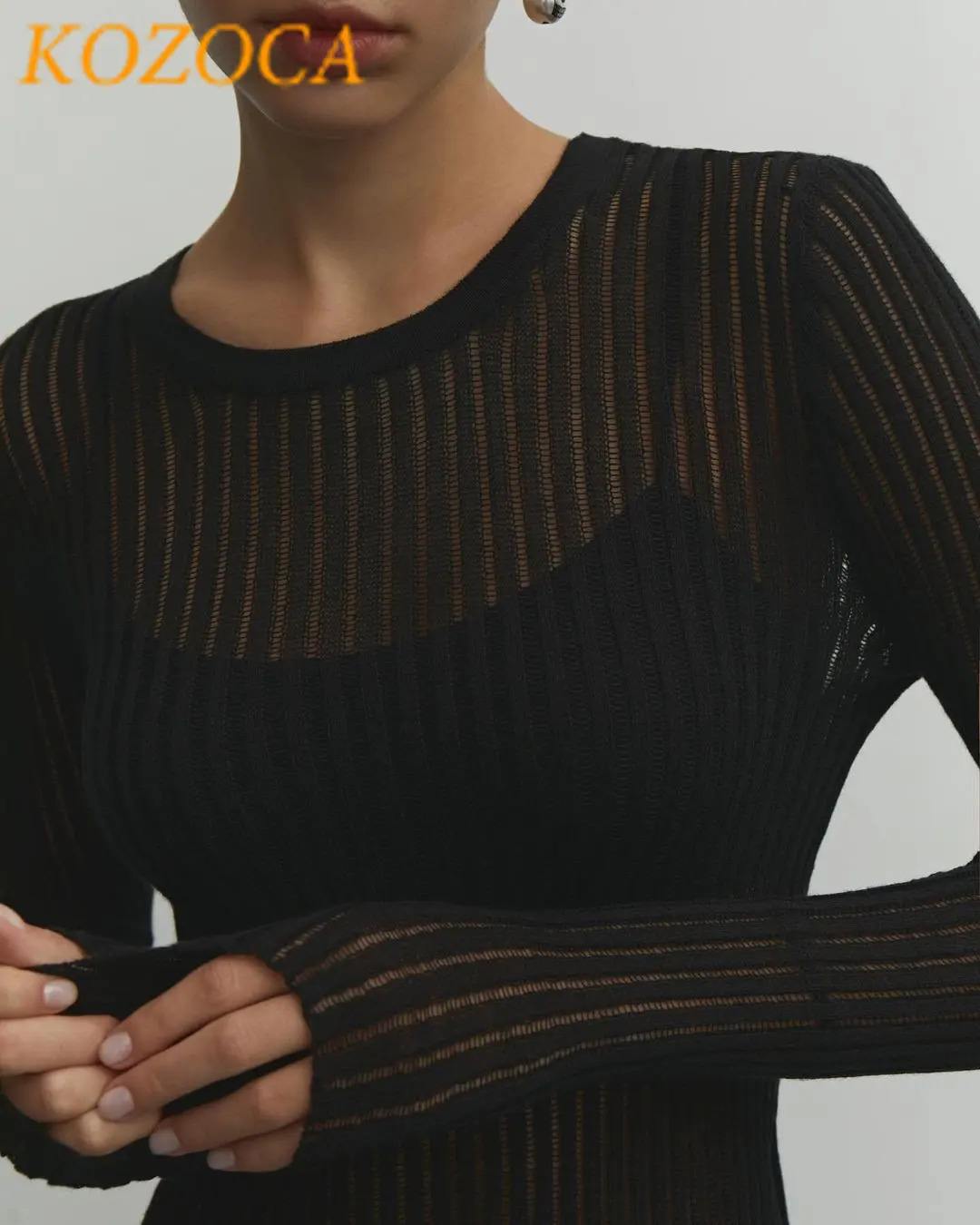 Kozoca Fashion White Elegant Striped See Through Women Tops Outfits Long Sleeve TShirts Tees Skinny Club Party Chic Clothes 250114