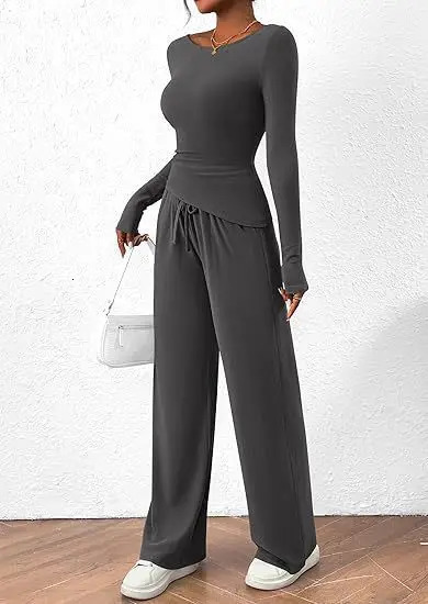 Autumn Solid Color Womens Casual Suit Twopiece Fashion Asymmetric Longsleeved Slim Tshirt Laceup Wideleg Pants Sports 250211Z