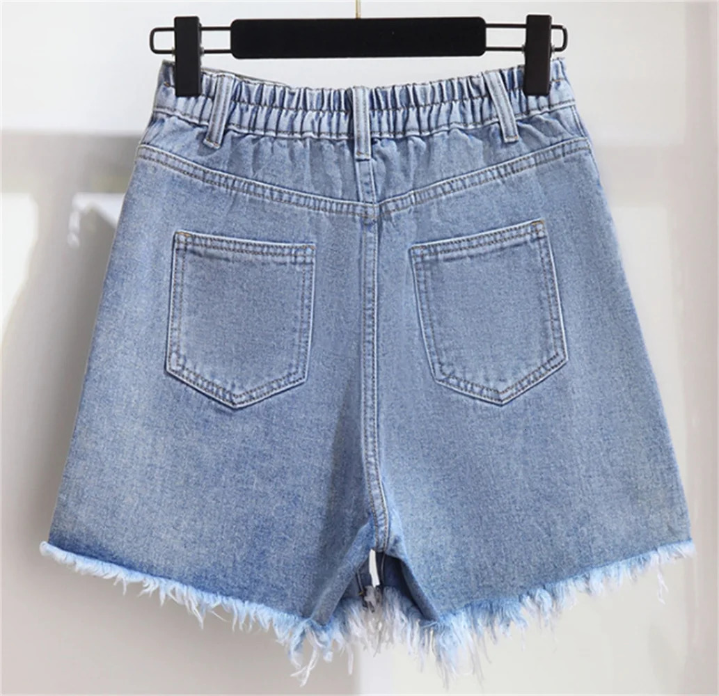 Women Plus Size Denim Shorts Modern Frayed Raw Hem Tassels Denim Shorts 3X 4X 5X 6X 250212