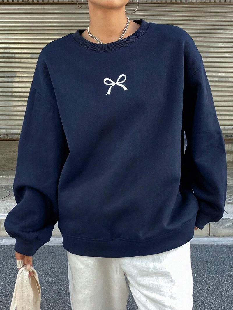 Casual Womens Sweatshirts Kawaii Bow Graphic Prints Pullover Comfortable Warm Oversize Hoodie Autumn Fleece Soft Female Clothes 250304