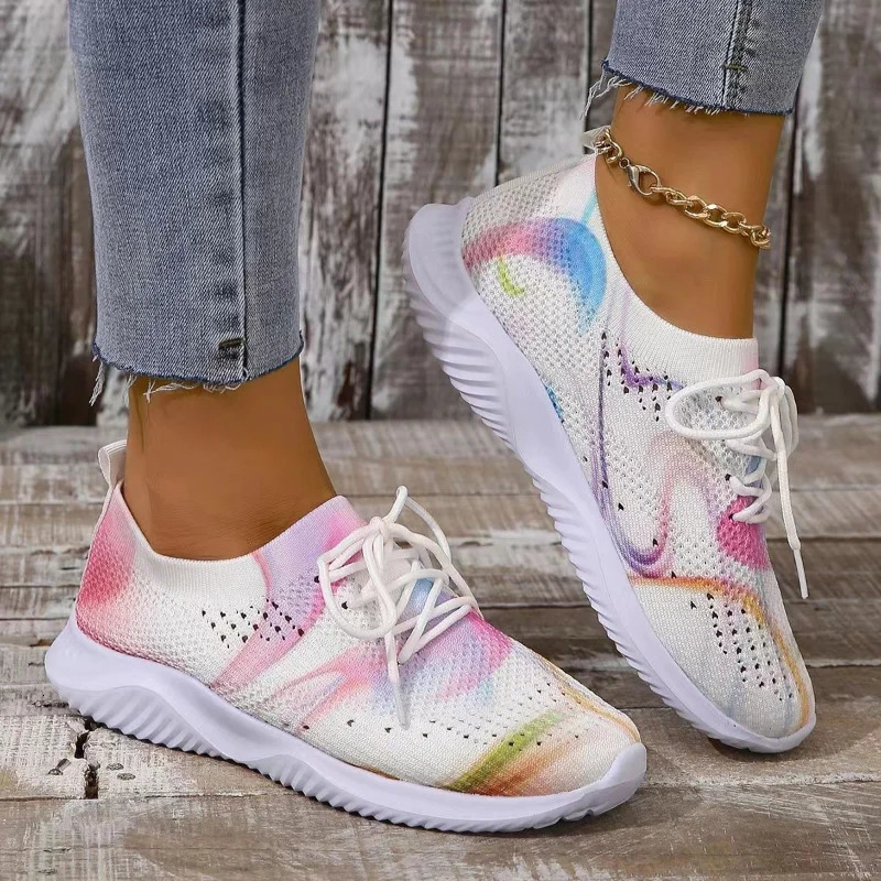 Women Mix Color Mesh Knitted Sneakers 2024 Autumn Lightweight Breathable Soft Sole Running Shoes Woman Slip on Flats Sock Shoes 250207