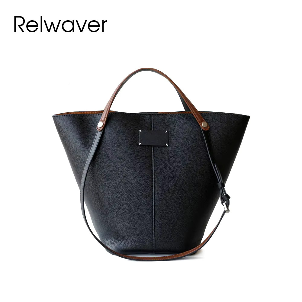 Relwaver Bucket Second Layer Cowhide Hand 2025 Spring Summer White Shoulder Chic Daily Women Bag